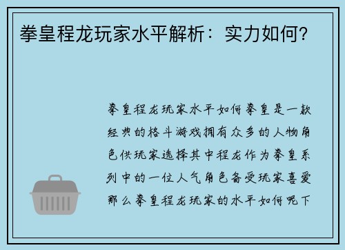 拳皇程龙玩家水平解析：实力如何？